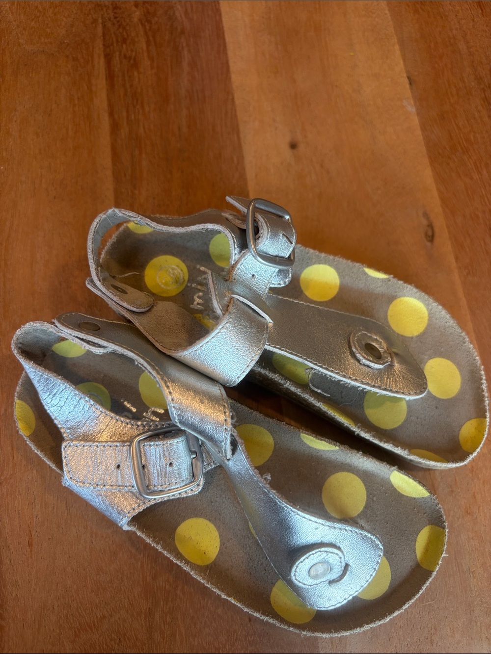 Mini Boden Silver Metallic Sandals with Yellow Polka Dot Insole
